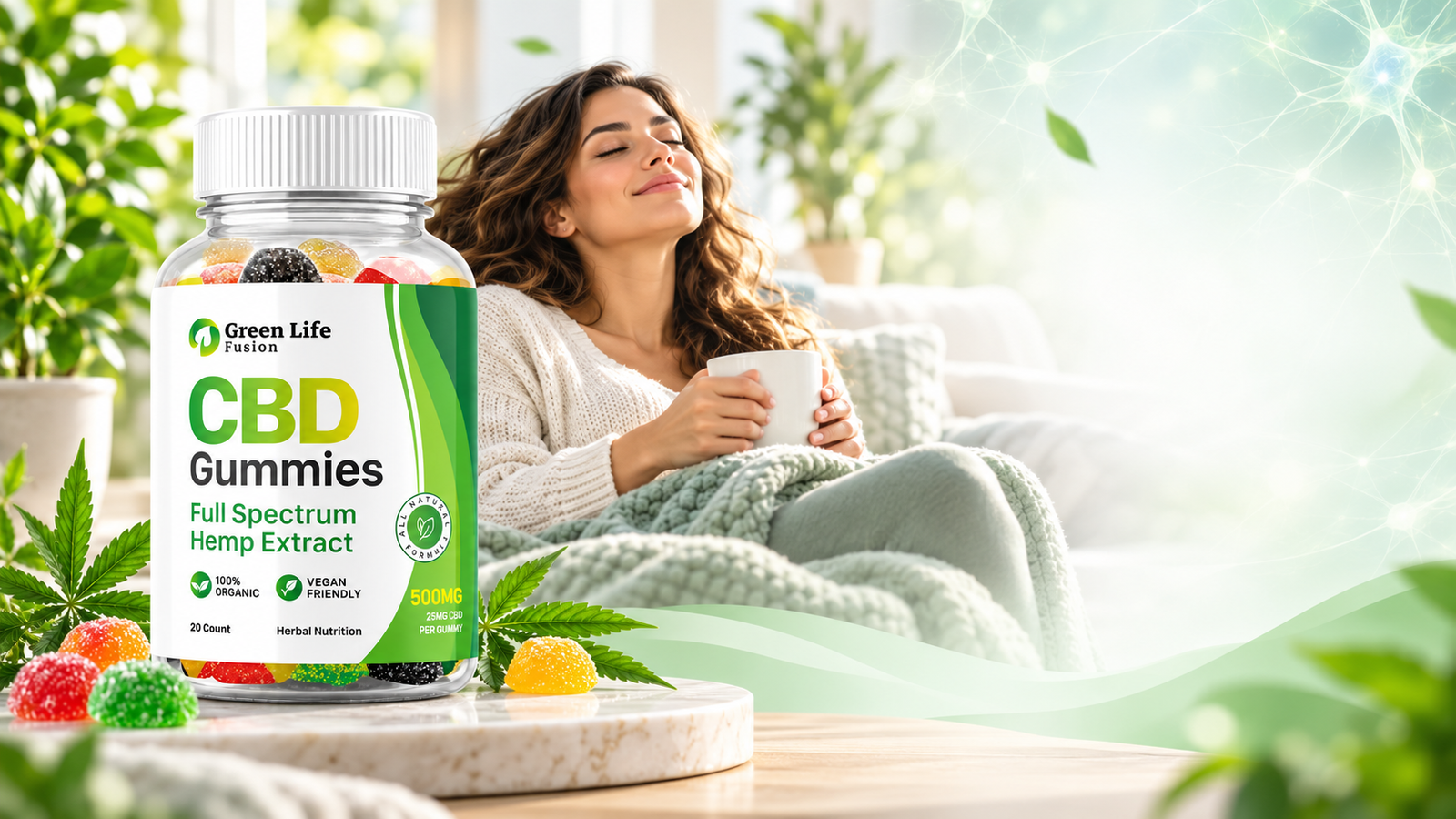 Green Life Fusion CBD Gummies in a calm home setting