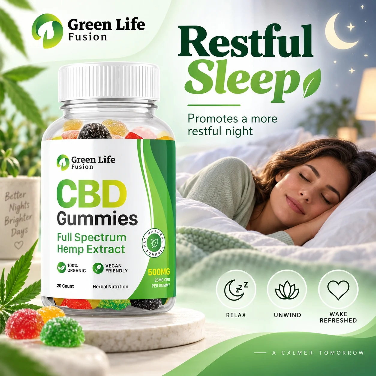 Green Life Fusion CBD Gummies sleep themed creative